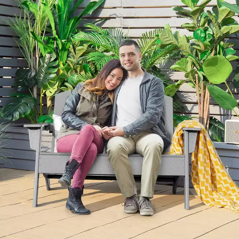 Costway 2PCS Patio Adirondack Chair Loveseat Bench HDPE Weather Resistant Grey