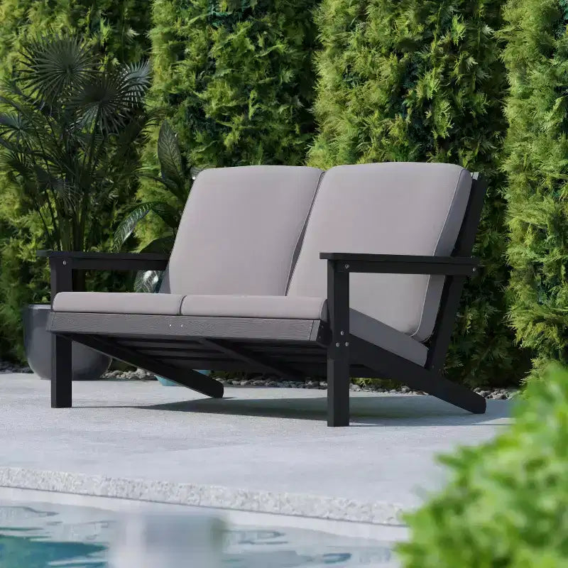 Flash Furniture Charlestown, divanetto da esterni in poliresina effetto legno Adirondack con seduta profonda e cuscini, resistente a tutte le condizioni atmosferiche