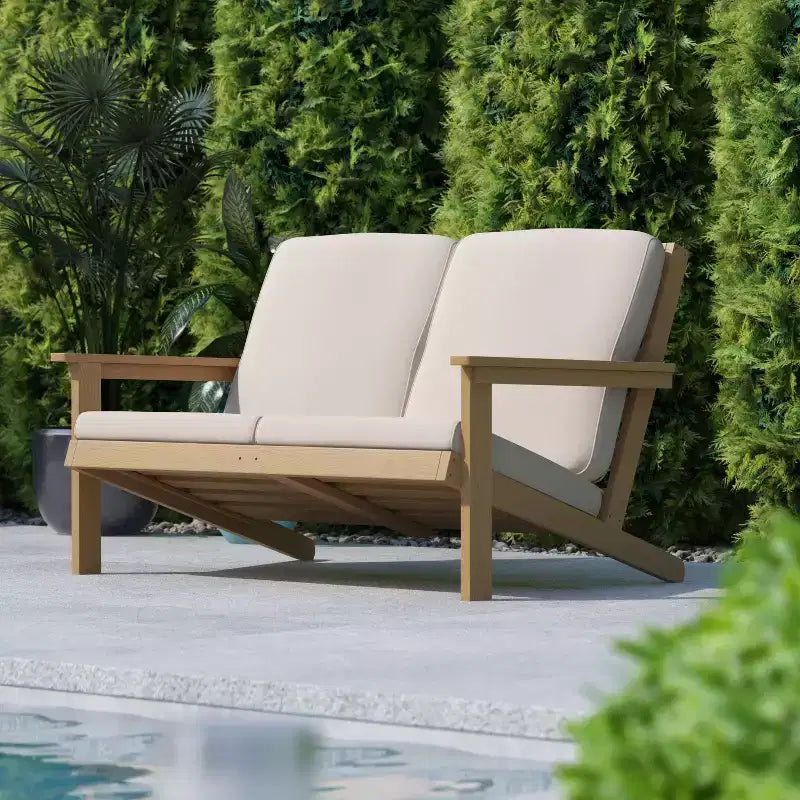 Flash Furniture Charlestown, divanetto da esterni in poliresina effetto legno Adirondack con seduta profonda e cuscini, resistente a tutte le condizioni atmosferiche