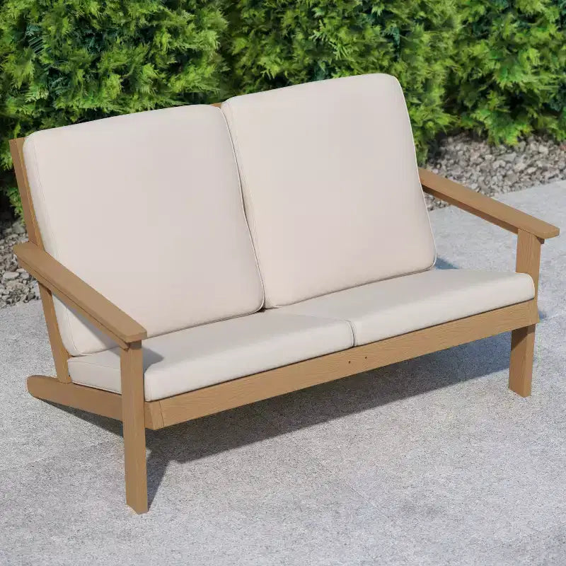 Flash Furniture Charlestown, divanetto da esterni in poliresina effetto legno Adirondack con seduta profonda e cuscini, resistente a tutte le condizioni atmosferiche