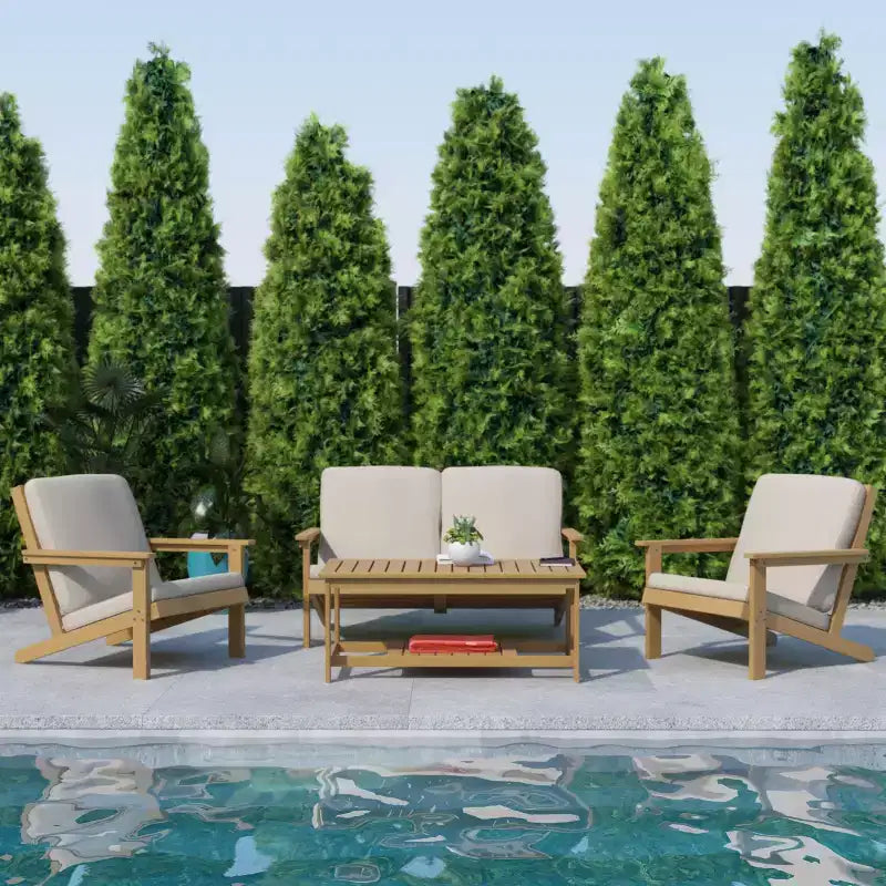 Flash Furniture Charlestown, divanetto da esterni in poliresina effetto legno Adirondack con seduta profonda e cuscini, resistente a tutte le condizioni atmosferiche