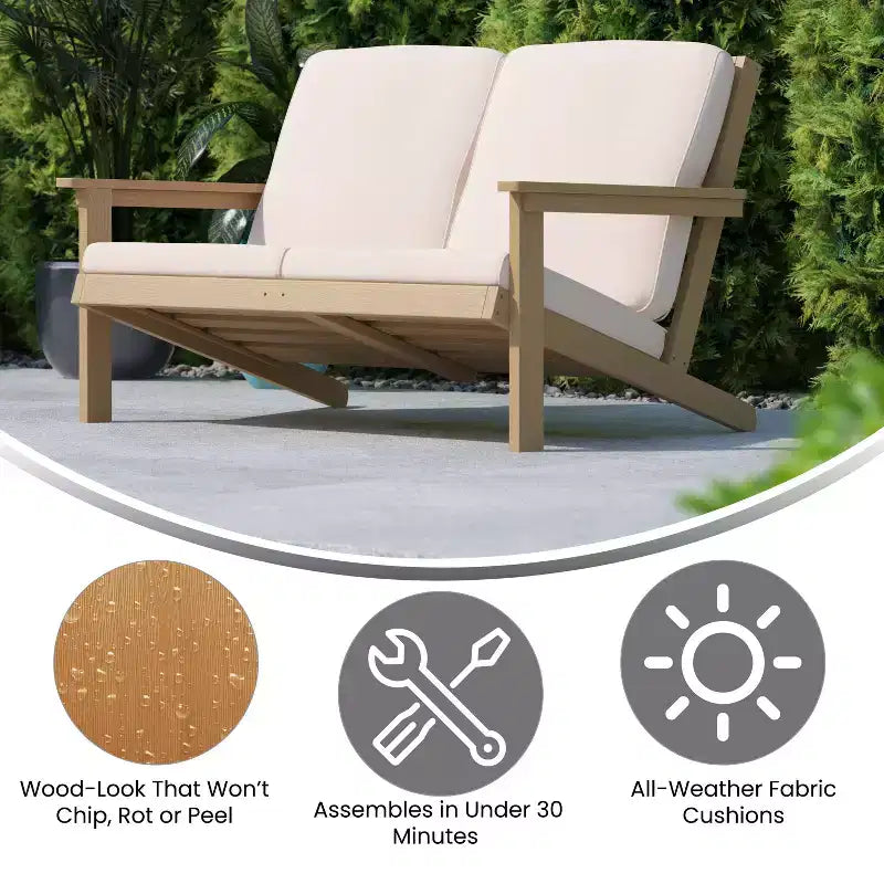 Flash Furniture Charlestown, divanetto da esterni in poliresina effetto legno Adirondack con seduta profonda e cuscini, resistente a tutte le condizioni atmosferiche