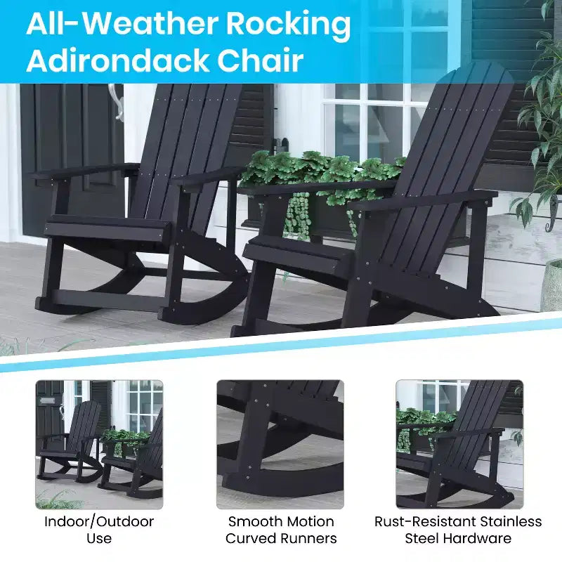 Flash Furniture Savannah Set di 2 Sedie a Dondolo Adirondack in Legno di Poliresina per Tutte le Stagioni con Cuscini per Terrazzo, Portico e Patio