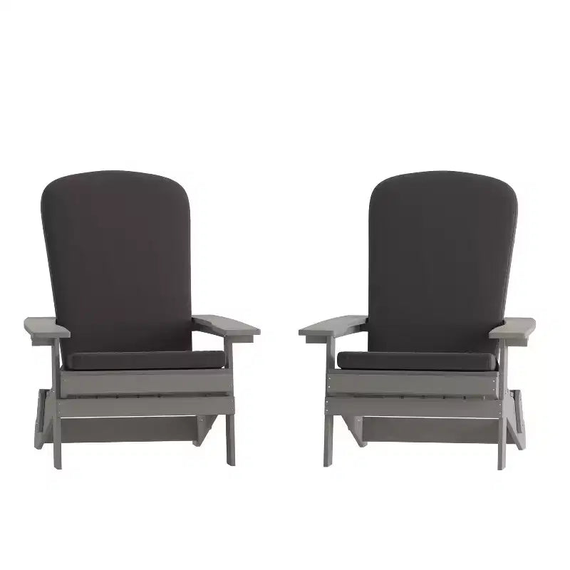 Flash Furniture Charlestown Set of 2 All-Weather Poly Resin Indoor/Outdoor Folding Adirondack Chairs with Cushions for Deck, Porch, and Patio