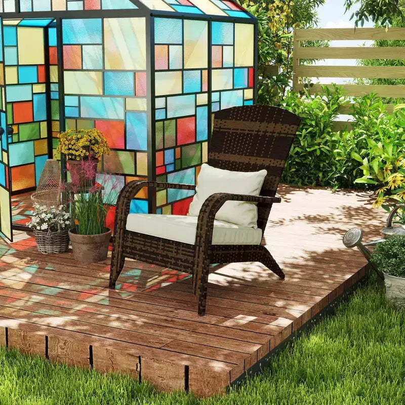 Sedia Adirondack Outsunny da Esterno con Rattan Intrecciato Resistente alle Intemperie, Cuscini Morbidi, Schienale Alto Curvo per Terrazzo o Giardino