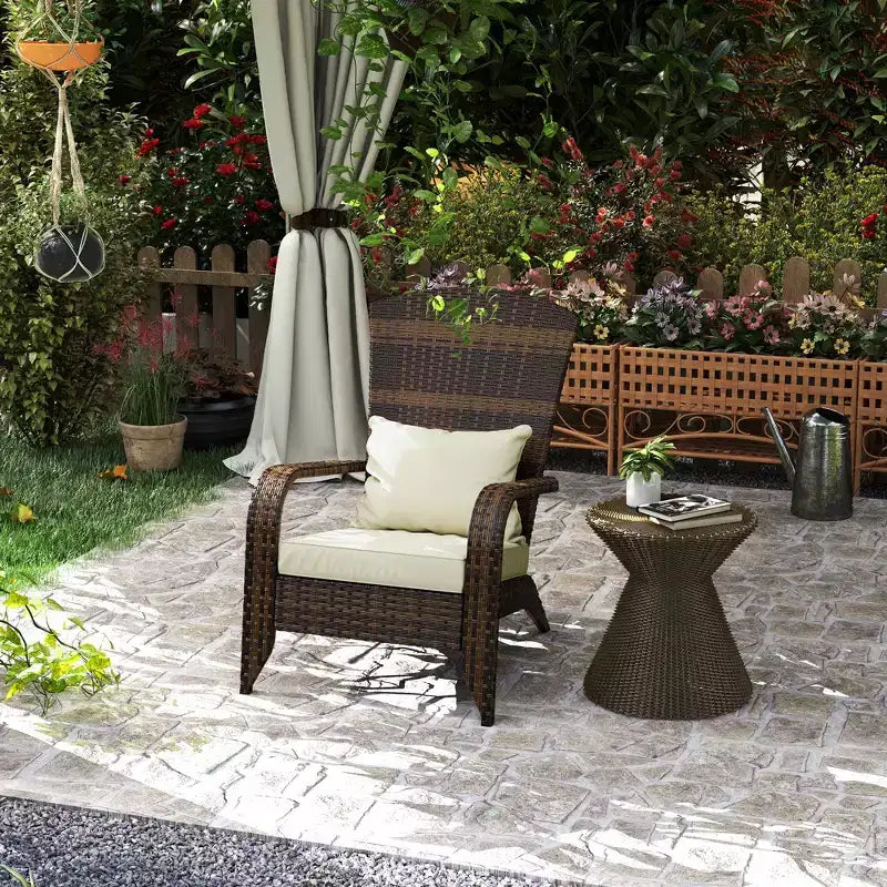 Sedia Adirondack Outsunny da Esterno con Rattan Intrecciato Resistente alle Intemperie, Cuscini Morbidi, Schienale Alto Curvo per Terrazzo o Giardino