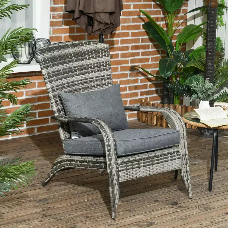 Sedia Adirondack Outsunny da Esterno con Rattan Intrecciato Resistente alle Intemperie, Cuscini Morbidi, Schienale Alto Curvo per Terrazzo o Giardino