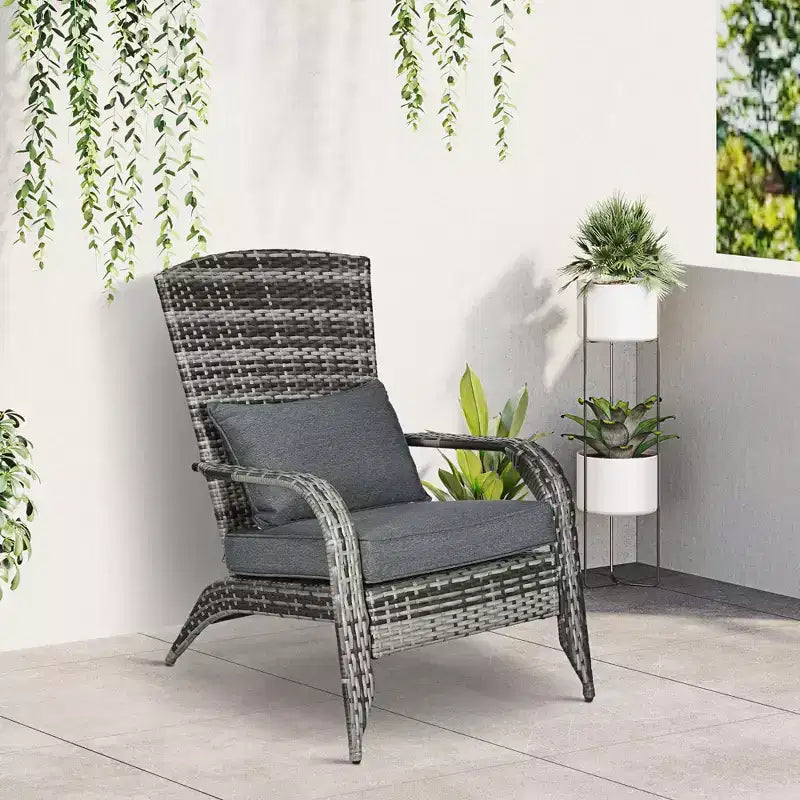 Sedia Adirondack Outsunny da Esterno con Rattan Intrecciato Resistente alle Intemperie, Cuscini Morbidi, Schienale Alto Curvo per Terrazzo o Giardino