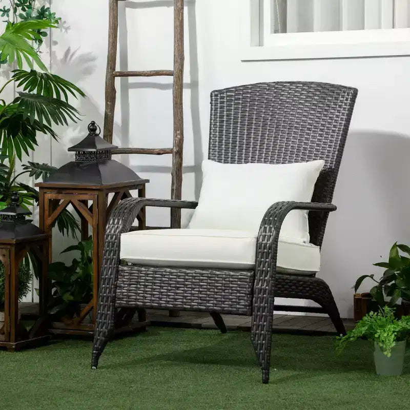 Sedia Adirondack Outsunny da Esterno con Rattan Intrecciato Resistente alle Intemperie, Cuscini Morbidi, Schienale Alto Curvo per Terrazzo o Giardino