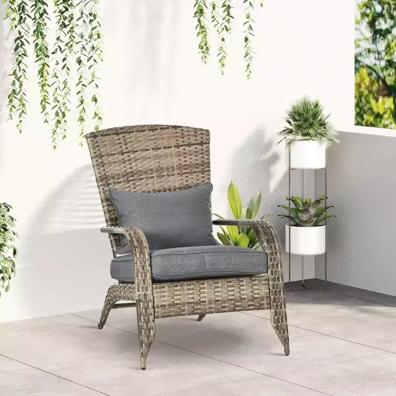 Sedia Adirondack Outsunny da Esterno con Rattan Intrecciato Resistente alle Intemperie, Cuscini Morbidi, Schienale Alto Curvo per Terrazzo o Giardino