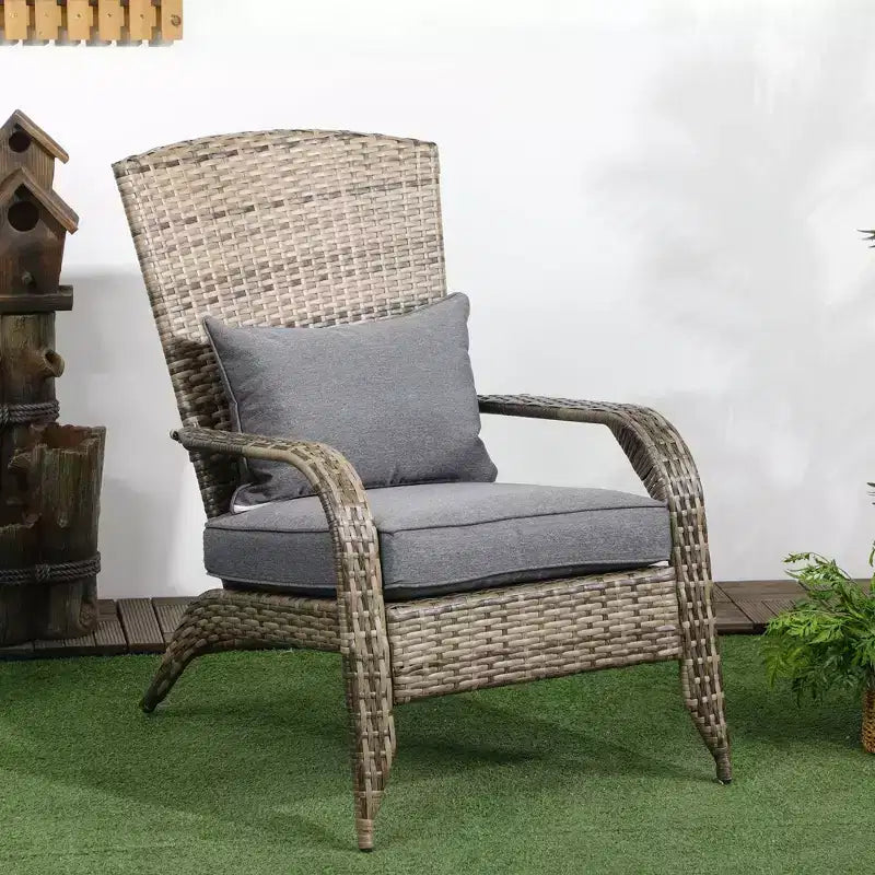 Sedia Adirondack Outsunny da Esterno con Rattan Intrecciato Resistente alle Intemperie, Cuscini Morbidi, Schienale Alto Curvo per Terrazzo o Giardino