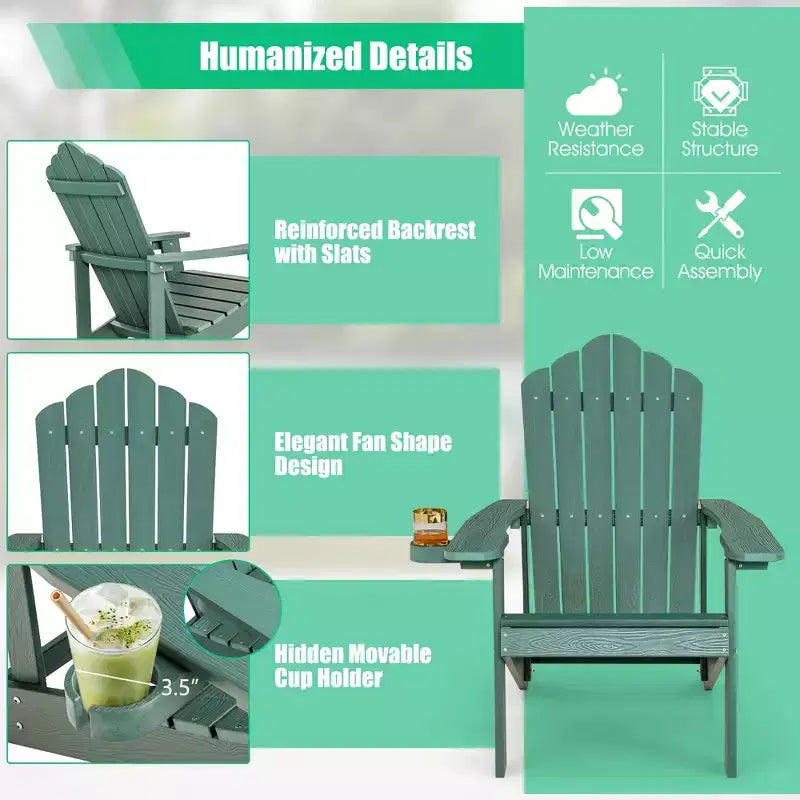 Sedia Adirondack da Patio Costway in HIPS con Portabicchiere Resistente alle Intemperie per Esterni 380 LBS Nero/Teak/Verde/Blu Navy/Rosso/Grigio/Bianco/Giallo