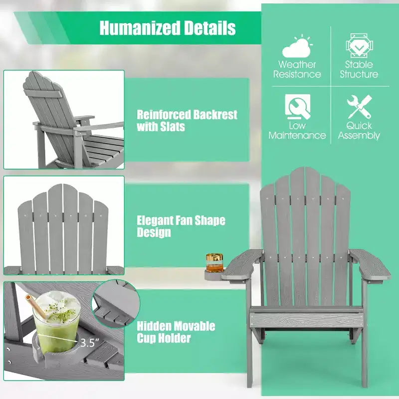 Sedia Adirondack da Patio Costway in HIPS con Portabicchiere Resistente alle Intemperie per Esterni 380 LBS Nero/Teak/Verde/Blu Navy/Rosso/Grigio/Bianco/Giallo