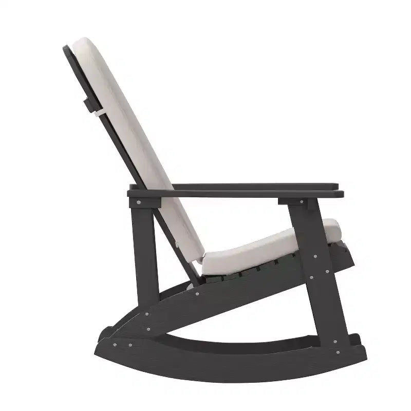 Sedia a dondolo Adirondack Merrick Lane in poliresina per tutte le stagioni con doghe verticali e cuscini resistenti alle intemperie