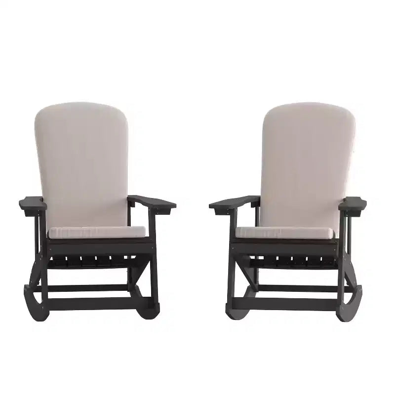 Sedia a dondolo Adirondack Merrick Lane in poliresina per tutte le stagioni con doghe verticali e cuscini resistenti alle intemperie