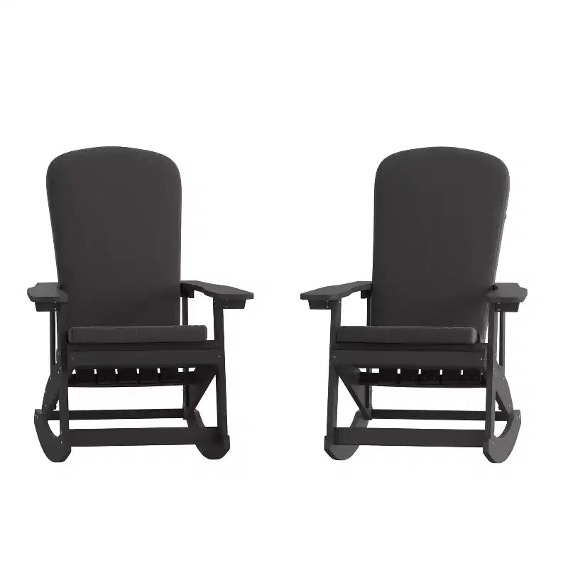 Sedia a dondolo Adirondack Merrick Lane in poliresina per tutte le stagioni con doghe verticali e cuscini resistenti alle intemperie