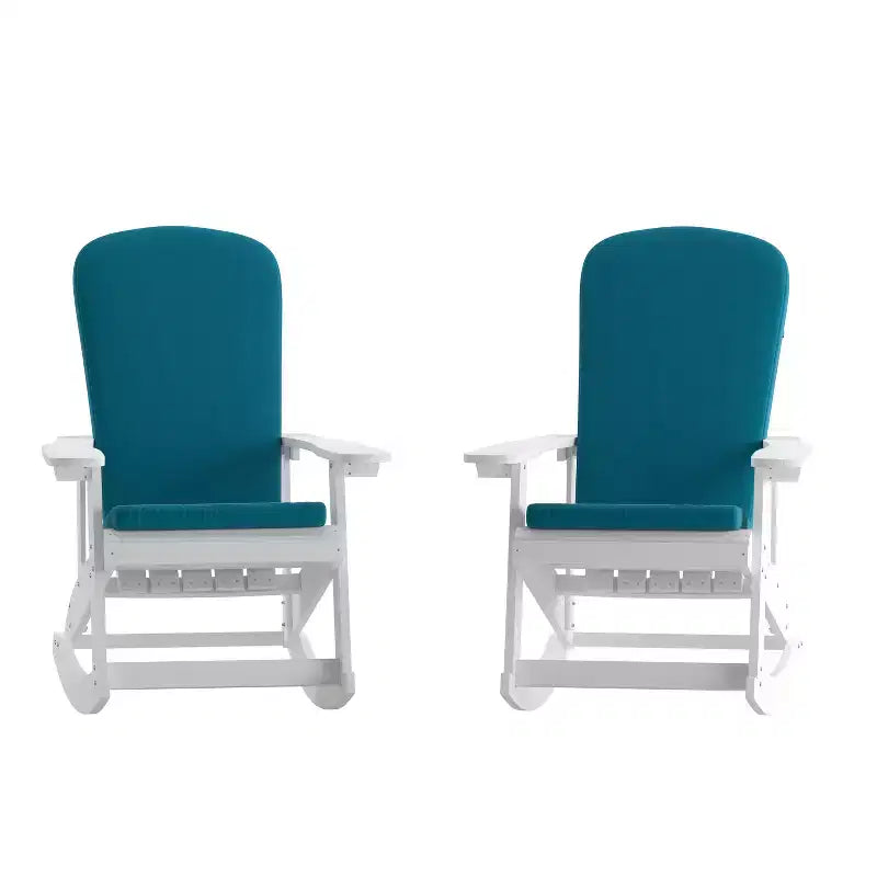 Emma and Oliver Set of 2 All-Weather Poly Resin Adirondack Rocking Chairs with Cushions