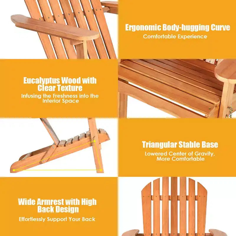 Costway Set da 4 Sedie Adirondack in Eucalipto Pieghevoli per Esterni in Legno Naturale