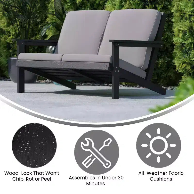Divanetto da patio Merrick Lane in stile Adirondack in legno di poliresina per tutte le stagioni, seduta profonda, con cuscini