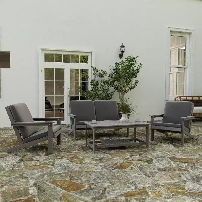Divanetto da patio Merrick Lane in stile Adirondack in legno di poliresina per tutte le stagioni, seduta profonda, con cuscini