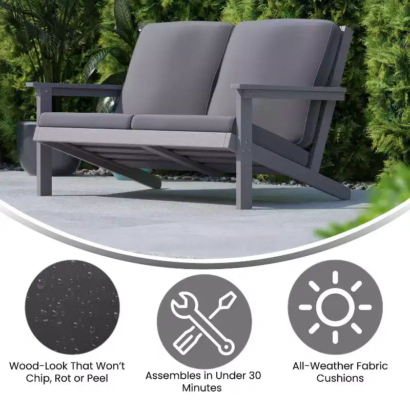 Divanetto da patio Merrick Lane in stile Adirondack in legno di poliresina per tutte le stagioni, seduta profonda, con cuscini