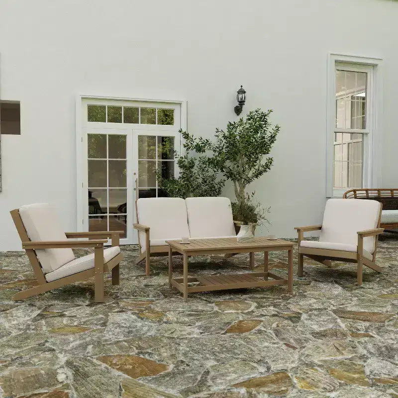 Divanetto da patio Merrick Lane in stile Adirondack in legno di poliresina per tutte le stagioni, seduta profonda, con cuscini