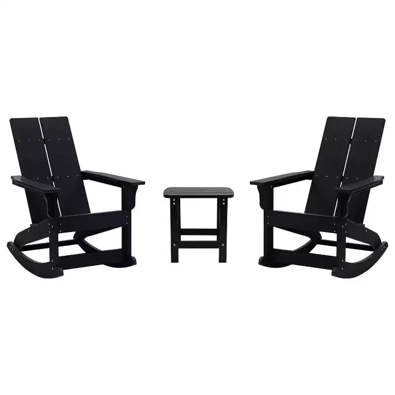 Merrick Lane Wellington 3 Piece Patio Furniture Set Includes All-Weather UV Treated Adirondack Rocking Chairs and Side Table
