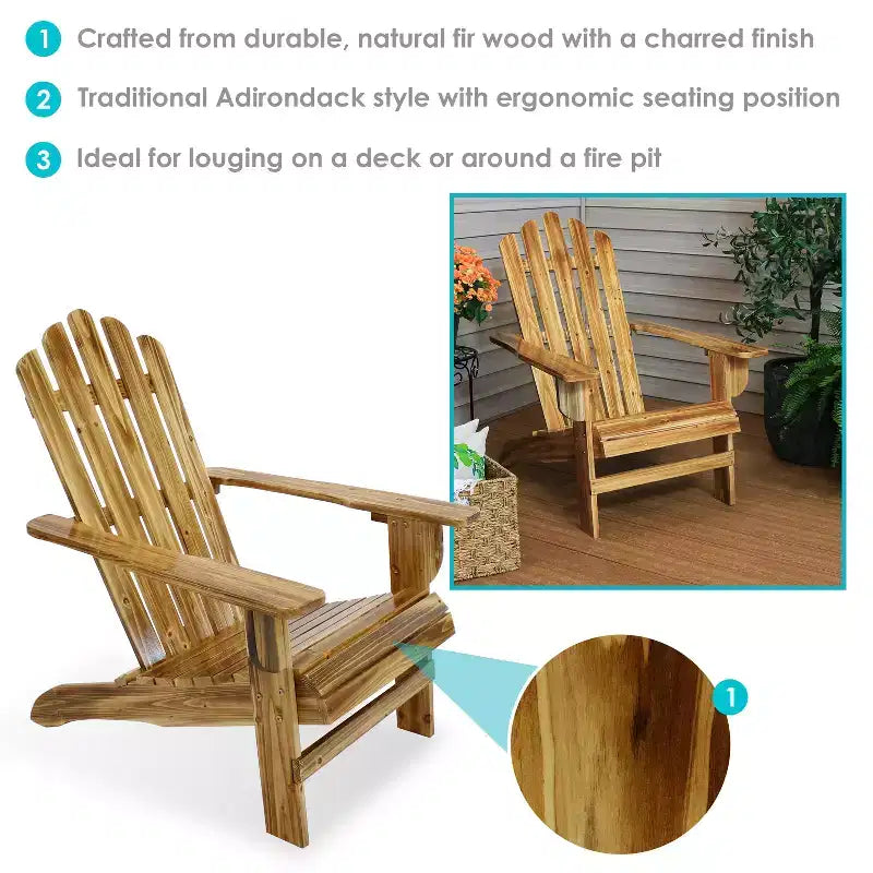 Sunnydaze Sedia da esterno Adirondack rustica in legno di abete naturale per patio e giardino - Finitura bruciata chiara