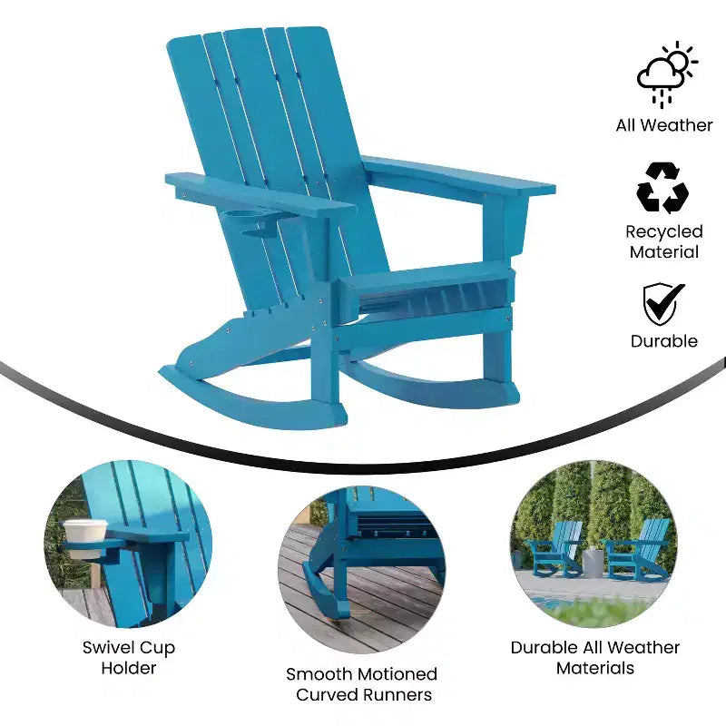 Sedia Adirondack in HDPE Merrick Lane con portabicchieri e pouf estraibile, sedia per interni/esterni in HDPE per tutte le stagioni