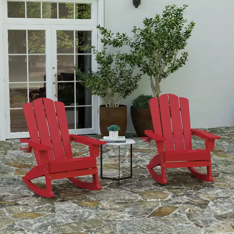 Sedia Adirondack in HDPE Merrick Lane con portabicchieri e pouf estraibile, sedia per interni/esterni in HDPE per tutte le stagioni