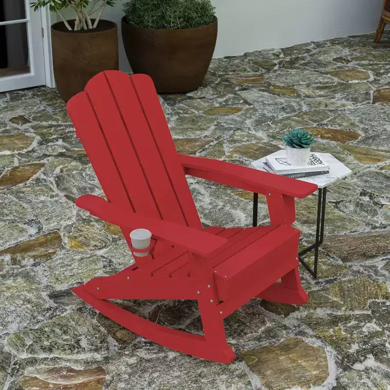 Sedia Adirondack in HDPE Merrick Lane con portabicchieri e pouf estraibile, sedia per interni/esterni in HDPE per tutte le stagioni