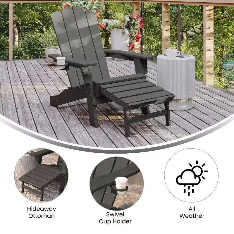 Poltrona Adirondack Merrick Lane in HDPE con portabicchieri e poggiapiedi estraibile, poltrona lounge per interni/esterni in HDPE per tutte le stagioni