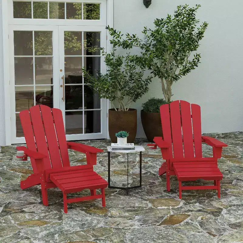 Poltrona Adirondack Merrick Lane in HDPE con portabicchieri e poggiapiedi estraibile, poltrona lounge per interni/esterni in HDPE per tutte le stagioni