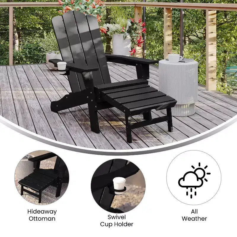 Poltrona Adirondack Merrick Lane in HDPE con portabicchieri e poggiapiedi estraibile, poltrona lounge per interni/esterni in HDPE per tutte le stagioni