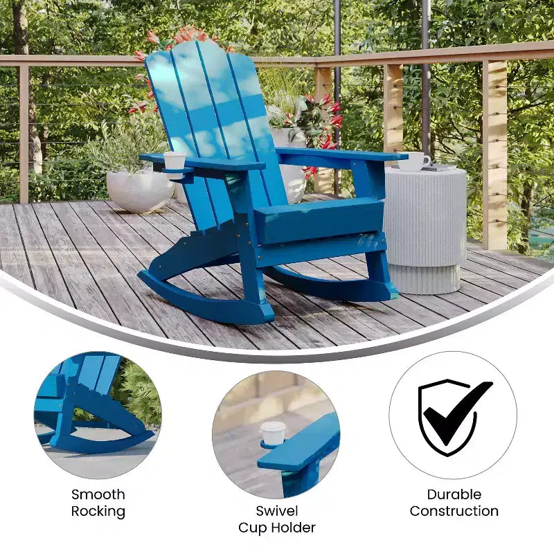 Poltrona a dondolo Adirondack Emma e Oliver con portabicchieri, poltrona a dondolo Adirondack in HDPE resistente alle intemperie