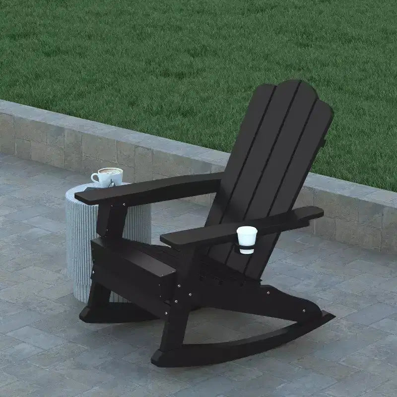Poltrona a dondolo Adirondack Emma e Oliver con portabicchieri, poltrona a dondolo Adirondack in HDPE resistente alle intemperie