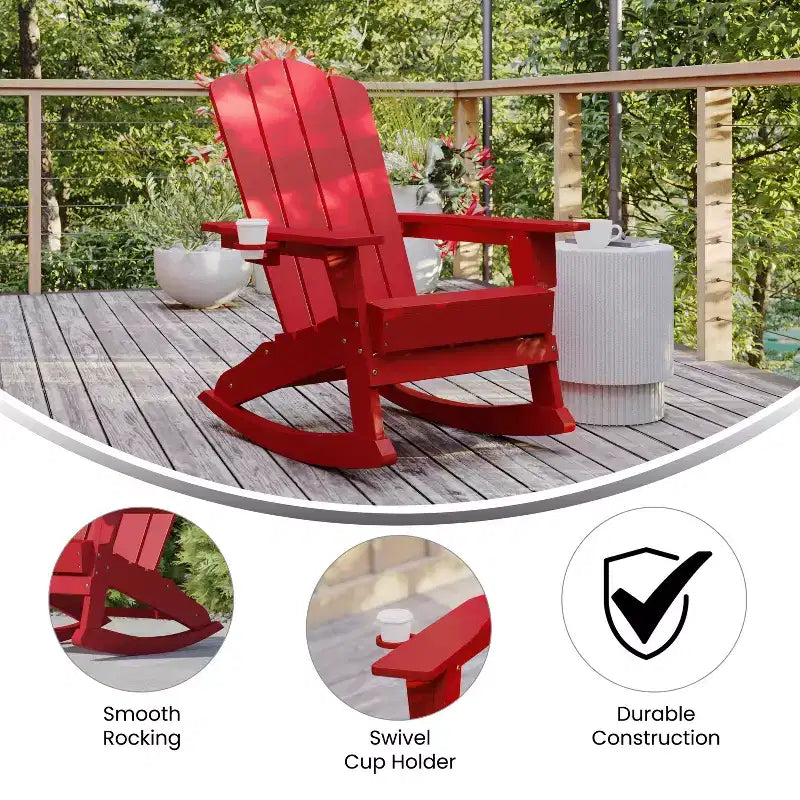 Poltrona a dondolo Adirondack Emma e Oliver con portabicchieri, poltrona a dondolo Adirondack in HDPE resistente alle intemperie