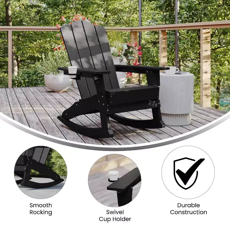 Poltrona a dondolo Adirondack Emma e Oliver con portabicchieri, poltrona a dondolo Adirondack in HDPE resistente alle intemperie