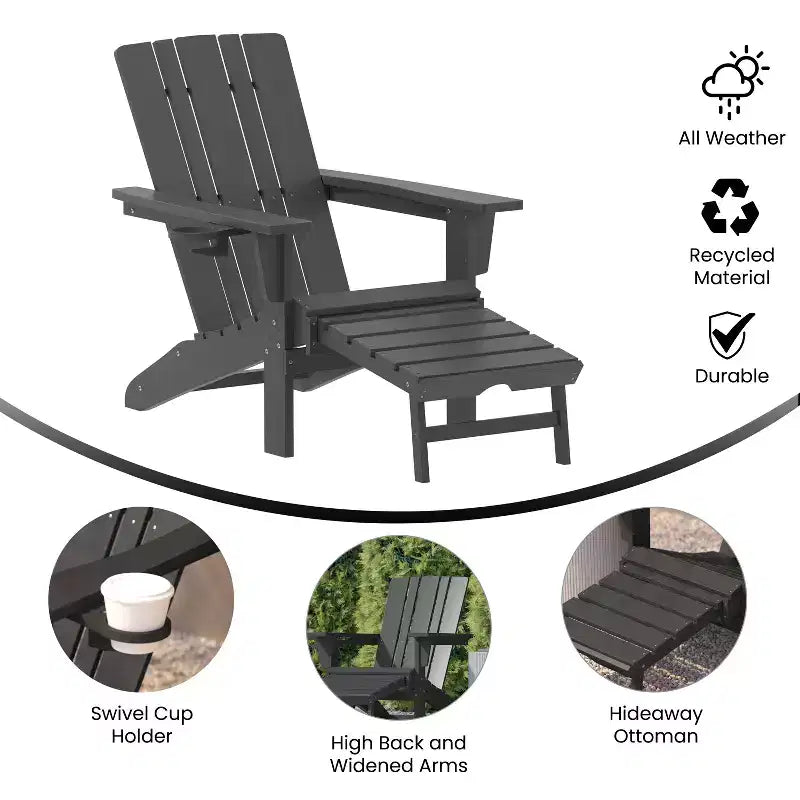 Flash Furniture Halifax, sedia Adirondack in HDPE con portabicchieri e poggiapiedi estraibile, sedia a sdraio per interni ed esterni in HDPE, resistente a tutte le condizioni atmosferiche