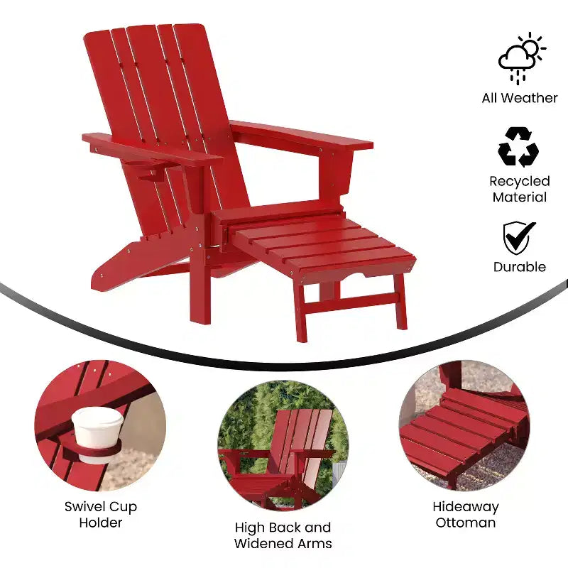 Flash Furniture Halifax, sedia Adirondack in HDPE con portabicchieri e poggiapiedi estraibile, sedia a sdraio per interni ed esterni in HDPE, resistente a tutte le condizioni atmosferiche