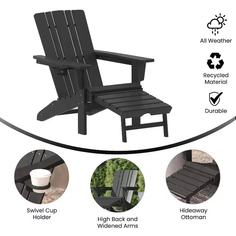 Flash Furniture Halifax, sedia Adirondack in HDPE con portabicchieri e poggiapiedi estraibile, sedia a sdraio per interni ed esterni in HDPE, resistente a tutte le condizioni atmosferiche