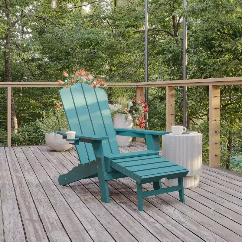 Flash Furniture Newport Sedia Adirondack in HDPE con Portabicchieri e Poggiapiedi Estraibile, Poltrona da Giardino/Interni per Tutte le Stagioni in HDPE