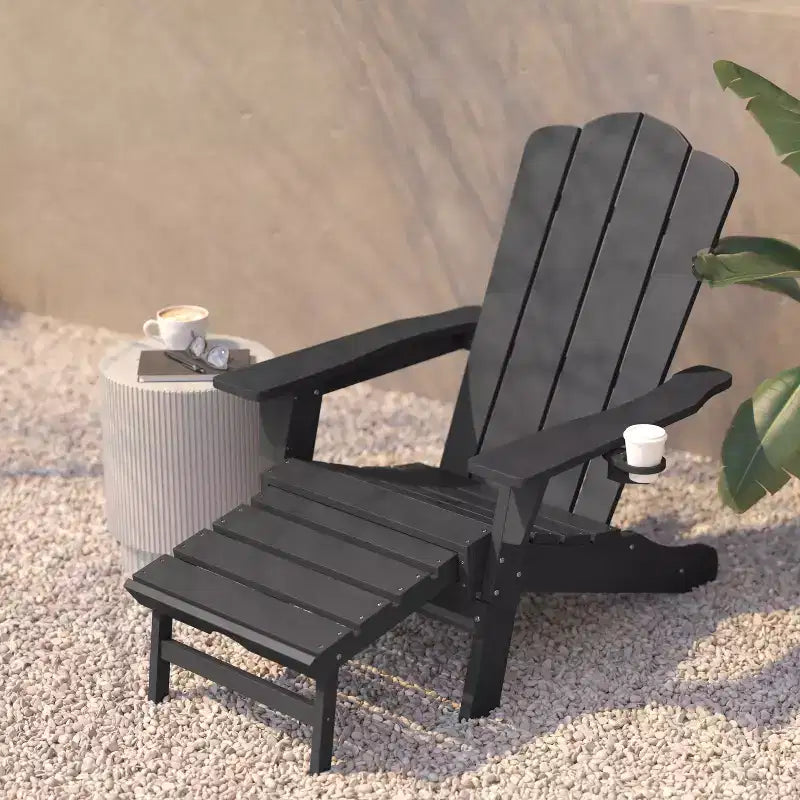 Flash Furniture Newport Sedia Adirondack in HDPE con Portabicchieri e Poggiapiedi Estraibile, Poltrona da Giardino/Interni per Tutte le Stagioni in HDPE