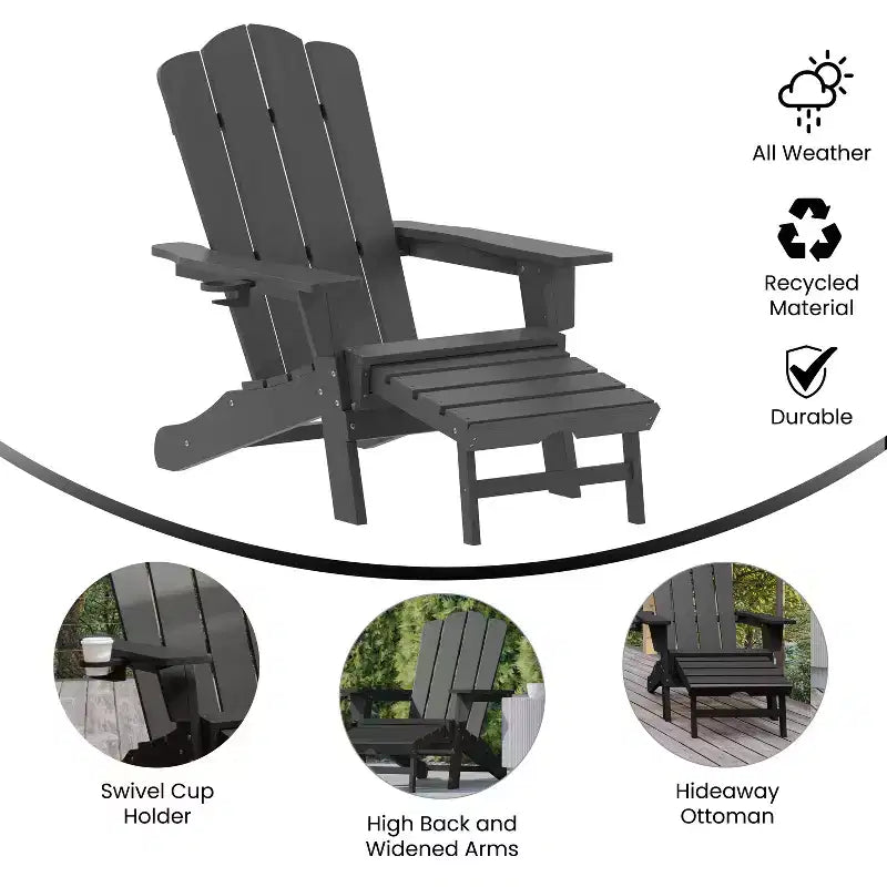 Flash Furniture Newport Sedia Adirondack in HDPE con Portabicchieri e Poggiapiedi Estraibile, Poltrona da Giardino/Interni per Tutte le Stagioni in HDPE