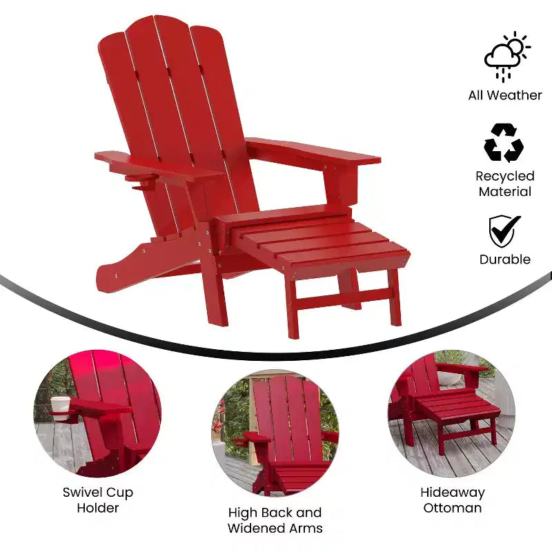 Flash Furniture Newport Sedia Adirondack in HDPE con Portabicchieri e Poggiapiedi Estraibile, Poltrona da Giardino/Interni per Tutte le Stagioni in HDPE
