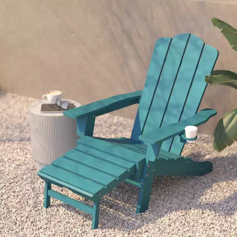 Flash Furniture Newport Sedia Adirondack in HDPE con Portabicchieri e Poggiapiedi Estraibile, Poltrona da Giardino/Interni per Tutte le Stagioni in HDPE