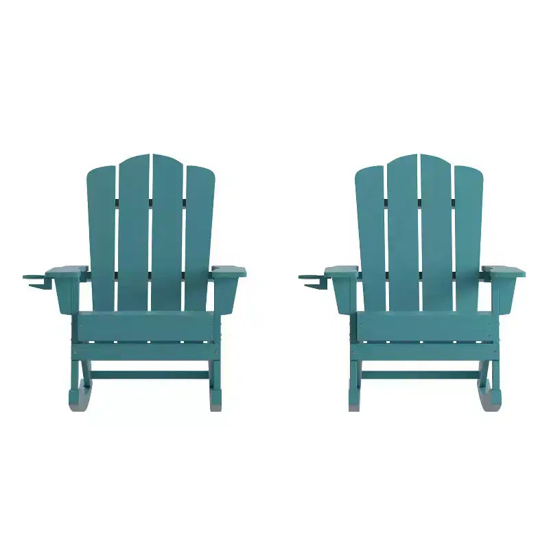 Flash Furniture Newport Sedia a dondolo Adirondack con portabicchieri, Sedia a dondolo Adirondack in HDPE resistente alle intemperie, Set di 2