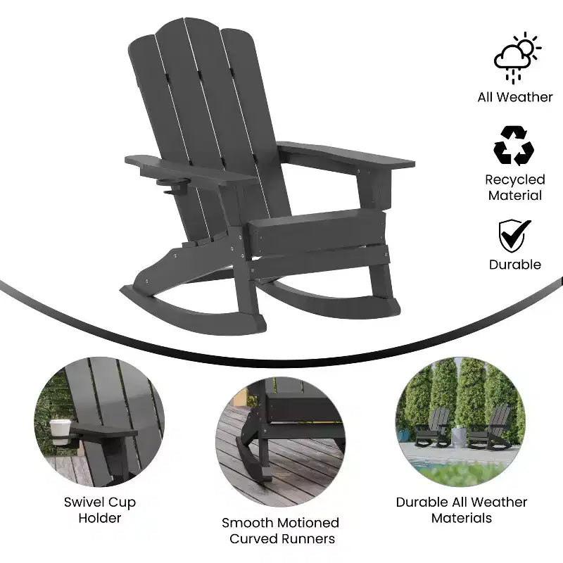 Sedia a dondolo Adirondack Newport di Flash Furniture con portabicchieri, sedia a dondolo Adirondack in HDPE resistente alle intemperie