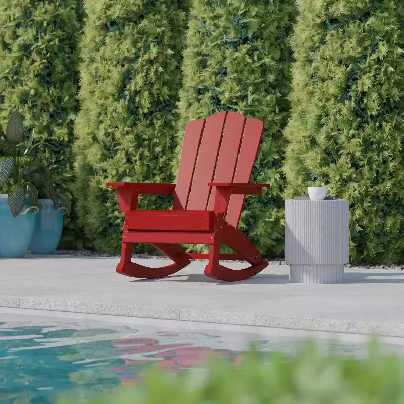 Sedia a dondolo Adirondack Newport di Flash Furniture con portabicchieri, sedia a dondolo Adirondack in HDPE resistente alle intemperie