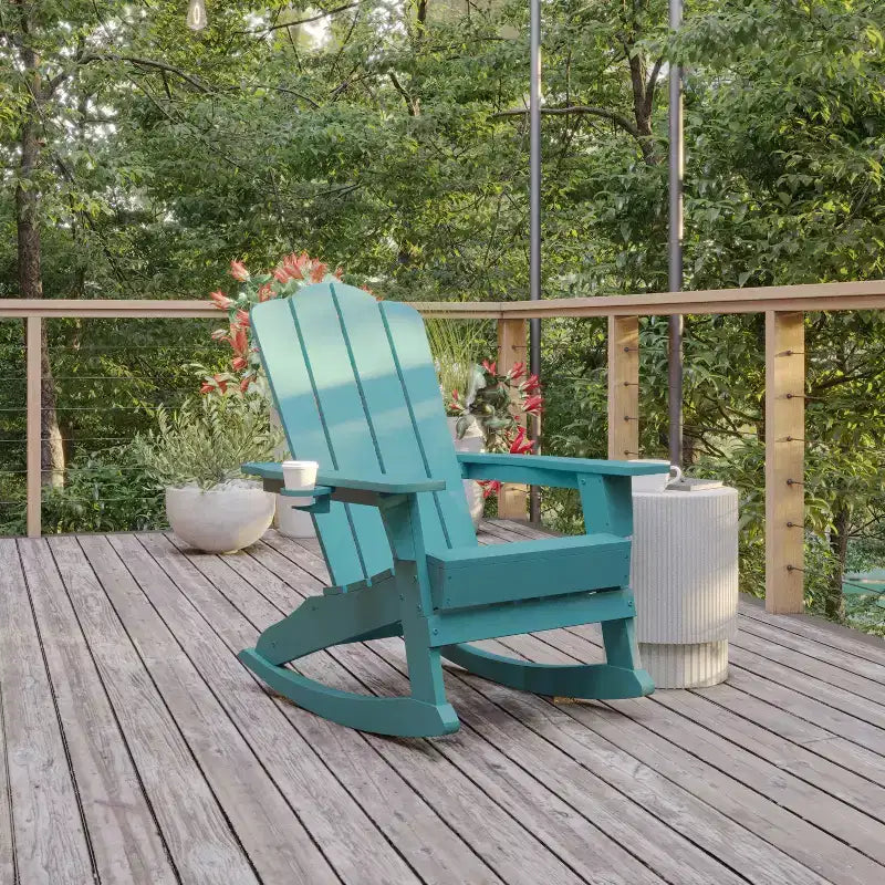 Sedia a dondolo Adirondack Newport di Flash Furniture con portabicchieri, sedia a dondolo Adirondack in HDPE resistente alle intemperie